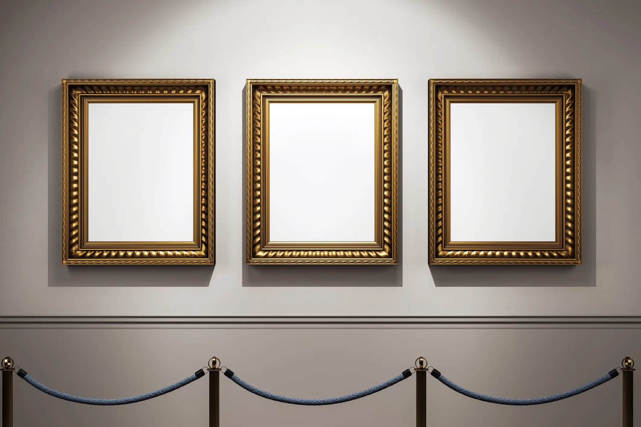 A wall of three blank painting frames. Getting a referral could be as simple as creating a Wall of Fame for clients who have made a referral.