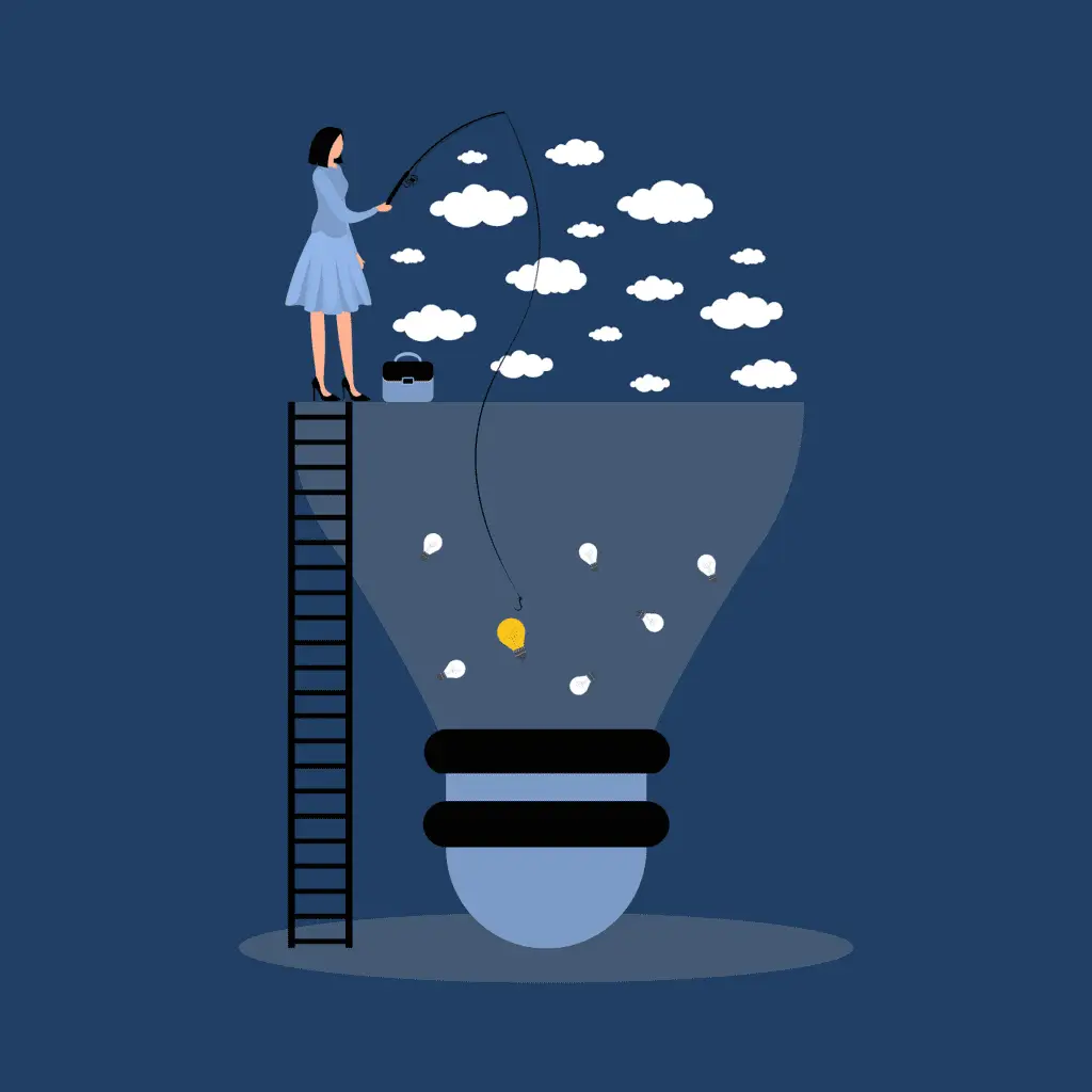 A woman fishing for ideas in a large lightbulb.