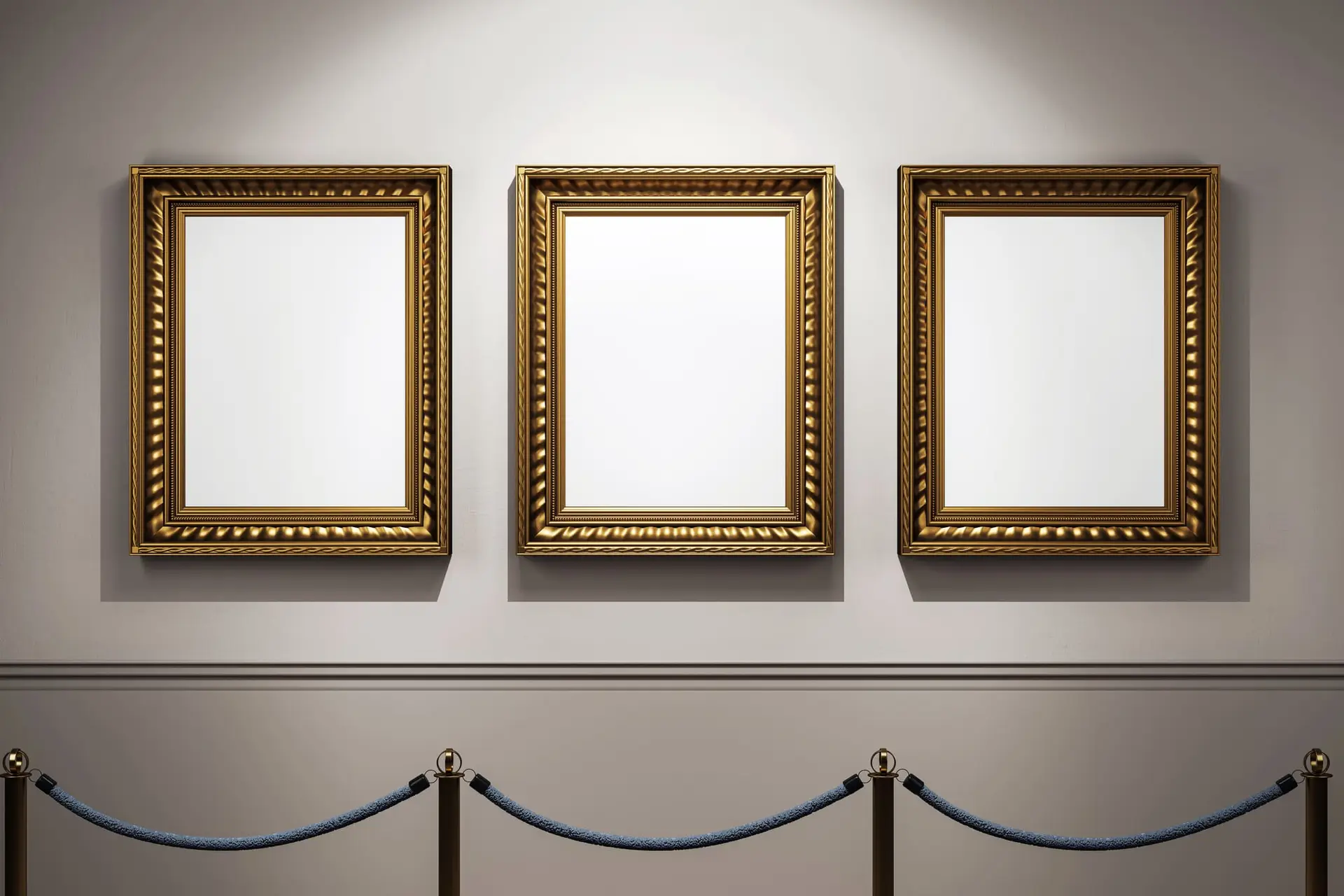 A wall of three blank painting frames. Getting a referral could be as simple as creating a Wall of Fame for clients who have made a referral.